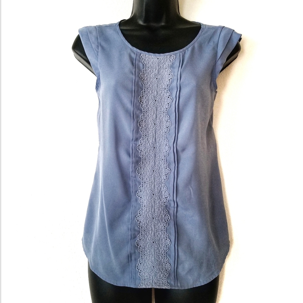 Ann Taylor Loft blue cap sleeve eyelet panel top
